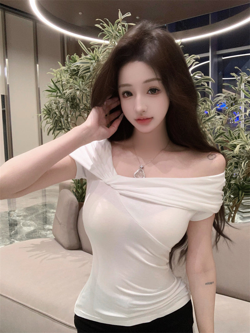 不規則一字肩修身純欲短袖薄款上衣