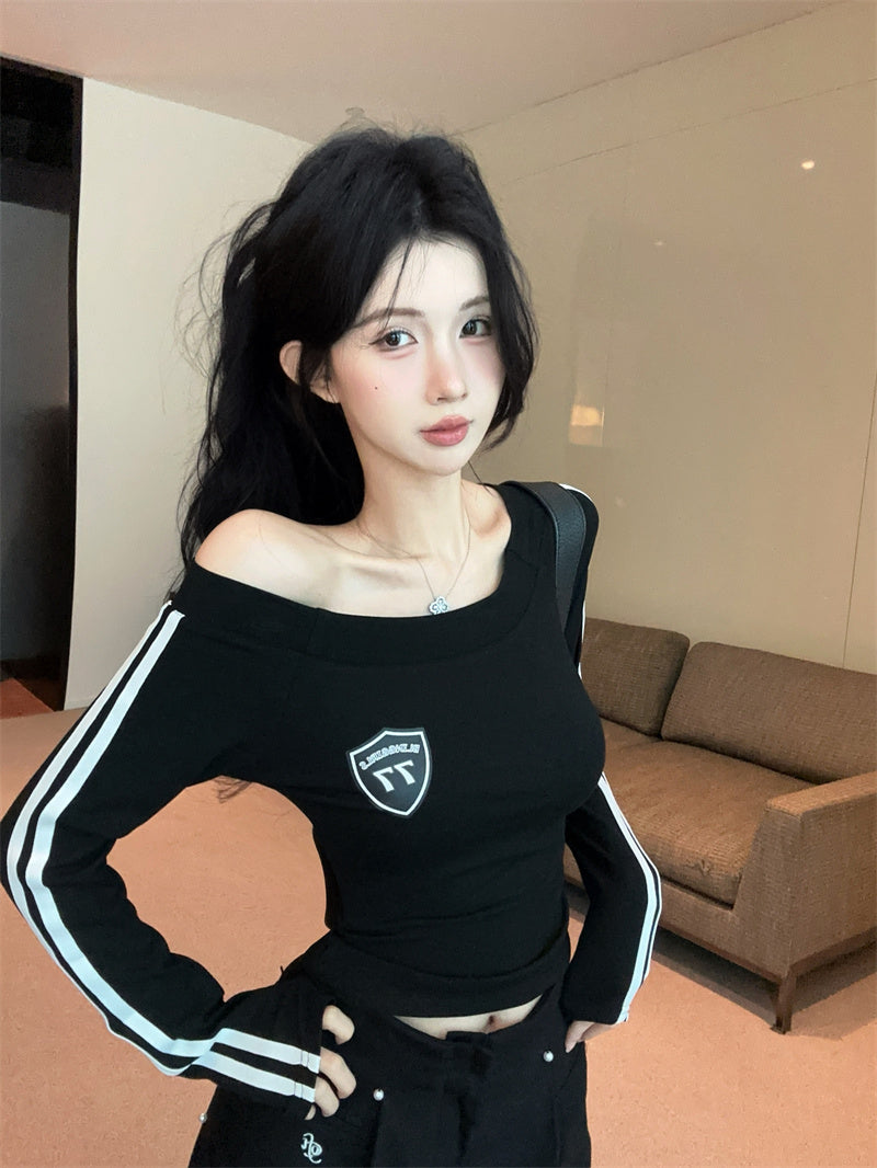 美式辣妹一字肩印花修身顯瘦上衣