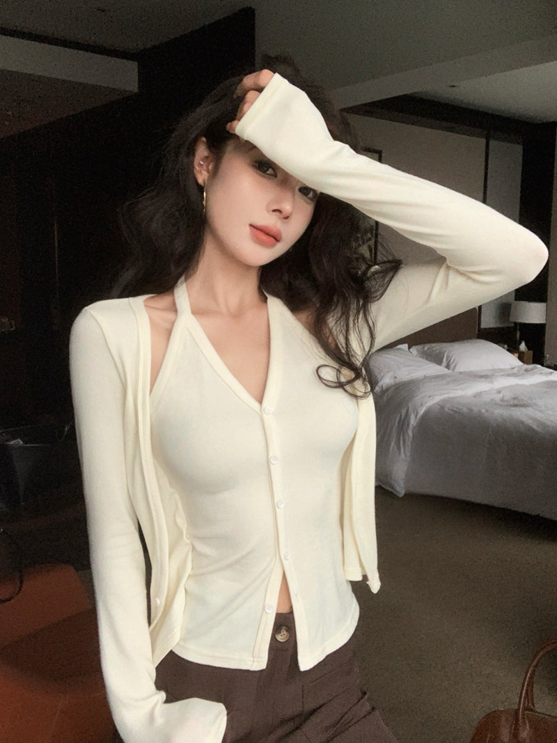 性感辣妹風吊帶掛脖假兩件上衣