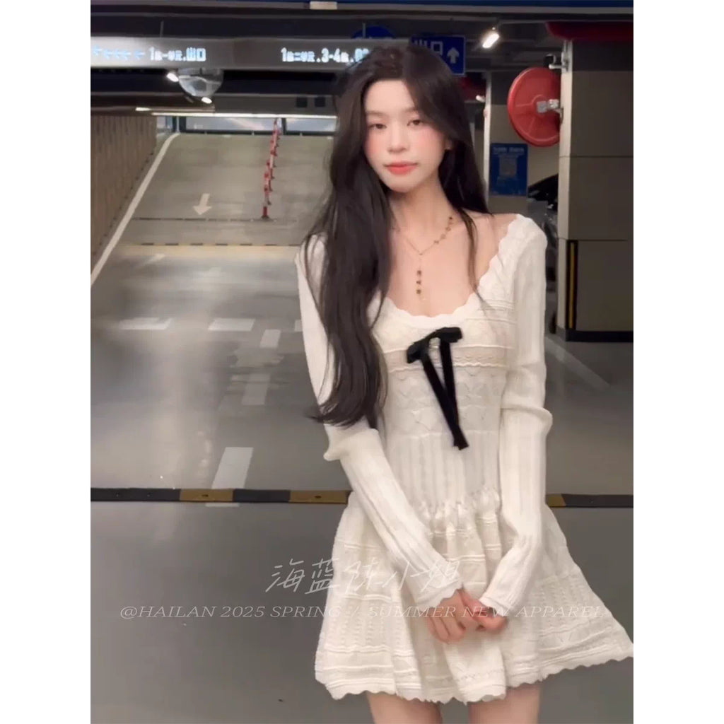 溫柔千金少女蝴蝶結鉤花針織連衣裙