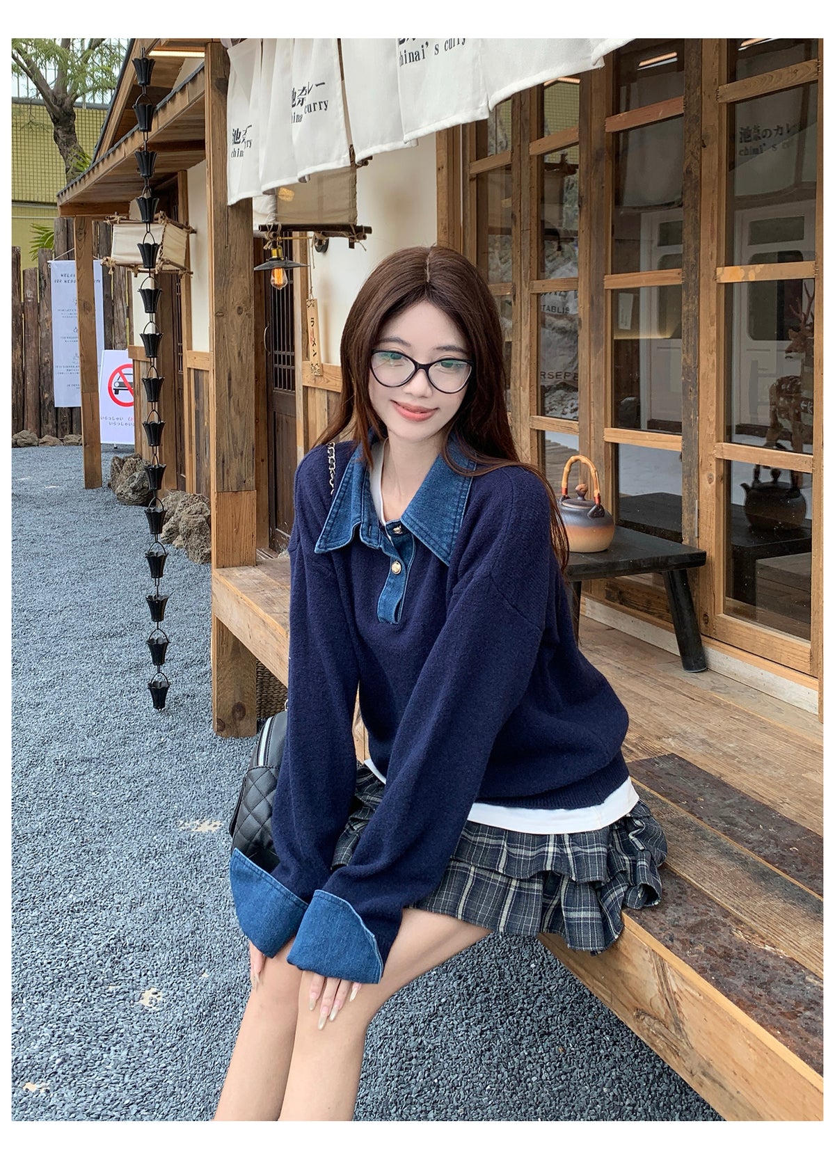 美式復古拼接假兩件毛衣