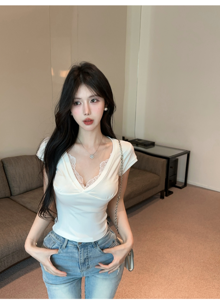 純欲V領蕾絲上衣
