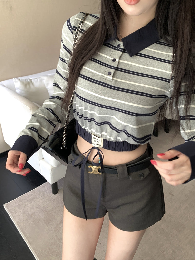 復古時髦撞色條紋拼接Polo領上衣