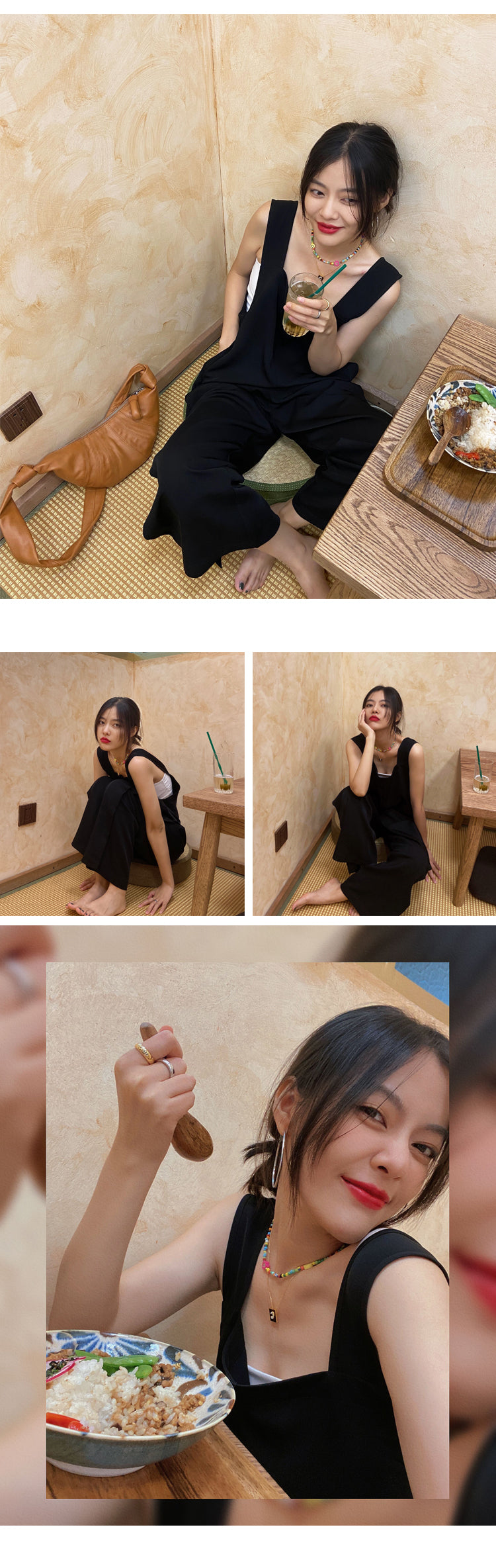 黑色休閒垂感寬鬆直筒高腰顯瘦背帶褲