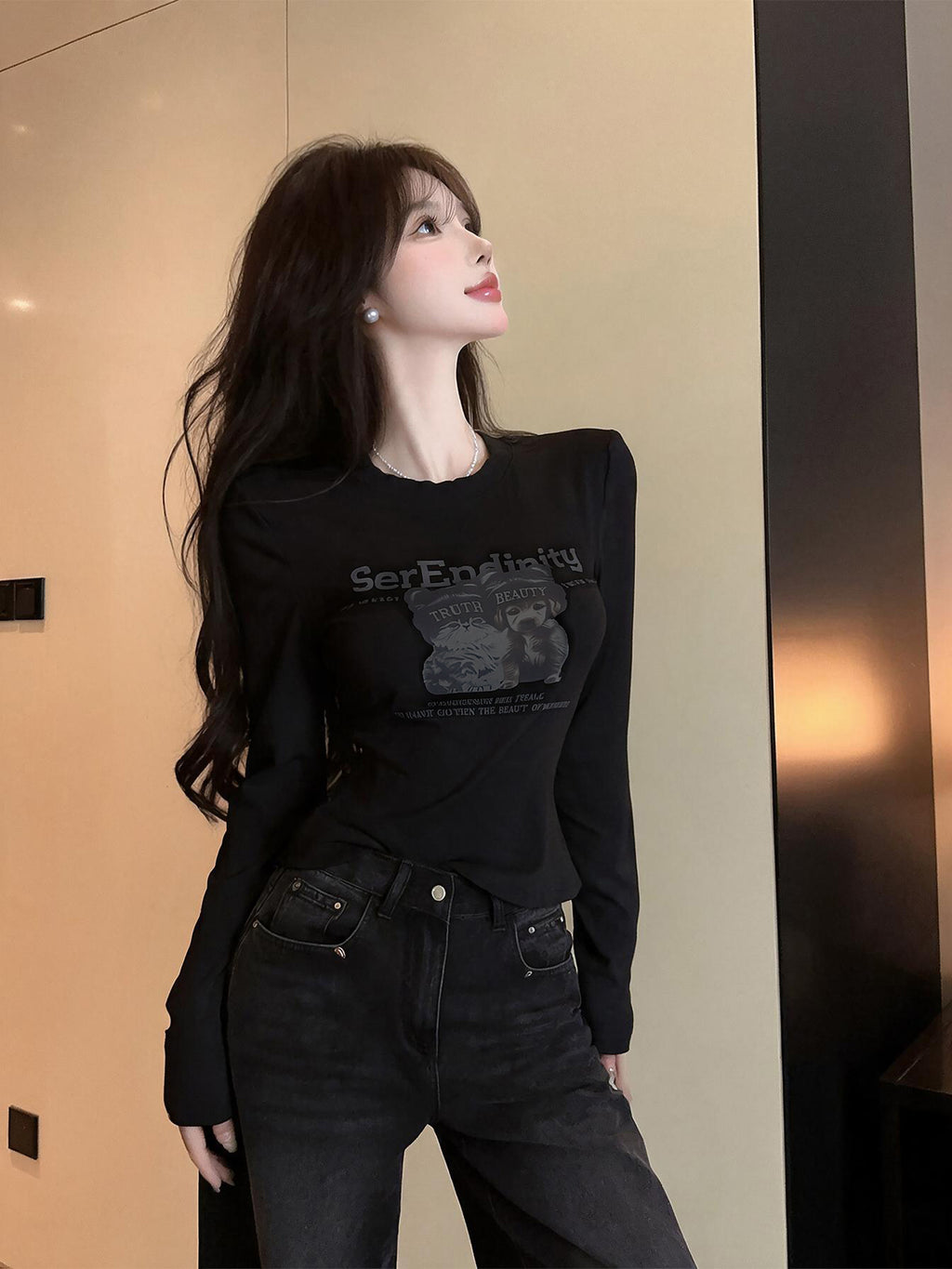 韓系小狗印花半高領修身顯瘦打底衫