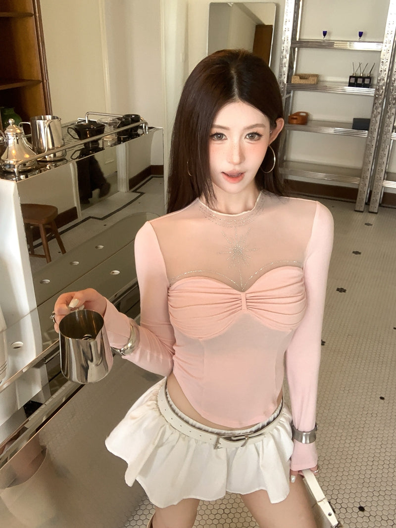 純御性感燙鑽拼接網紗長袖修身上衣