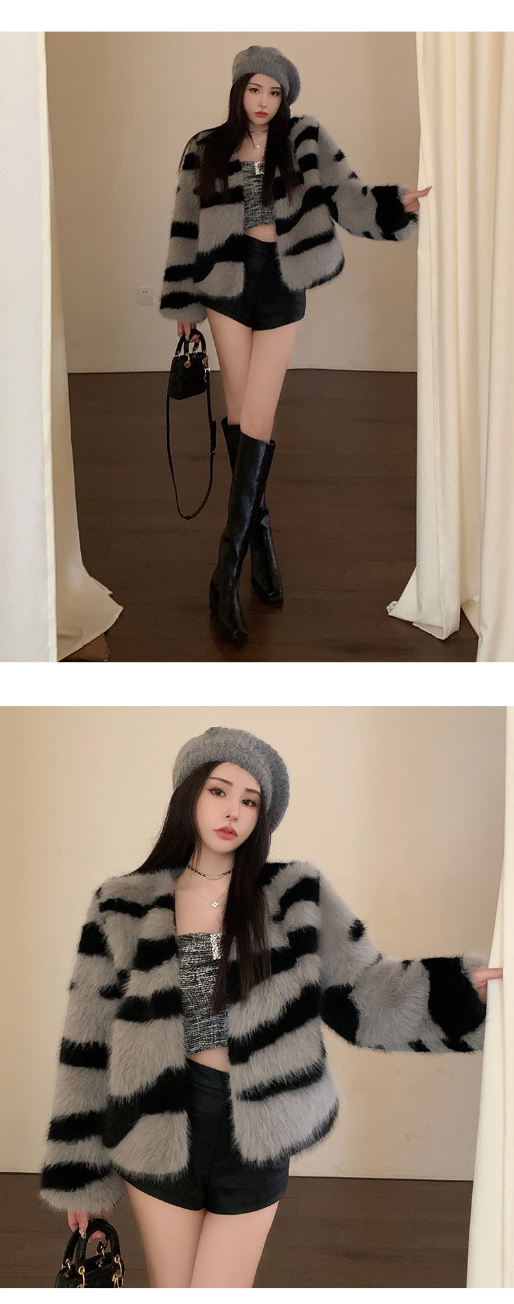 圓領斑馬紋仿狐貍毛外套