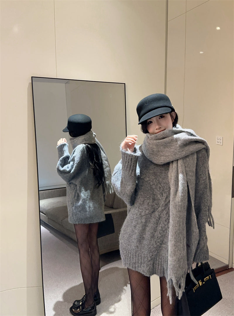 慵懶高級感蝴蝶結圓領寬鬆針織衫