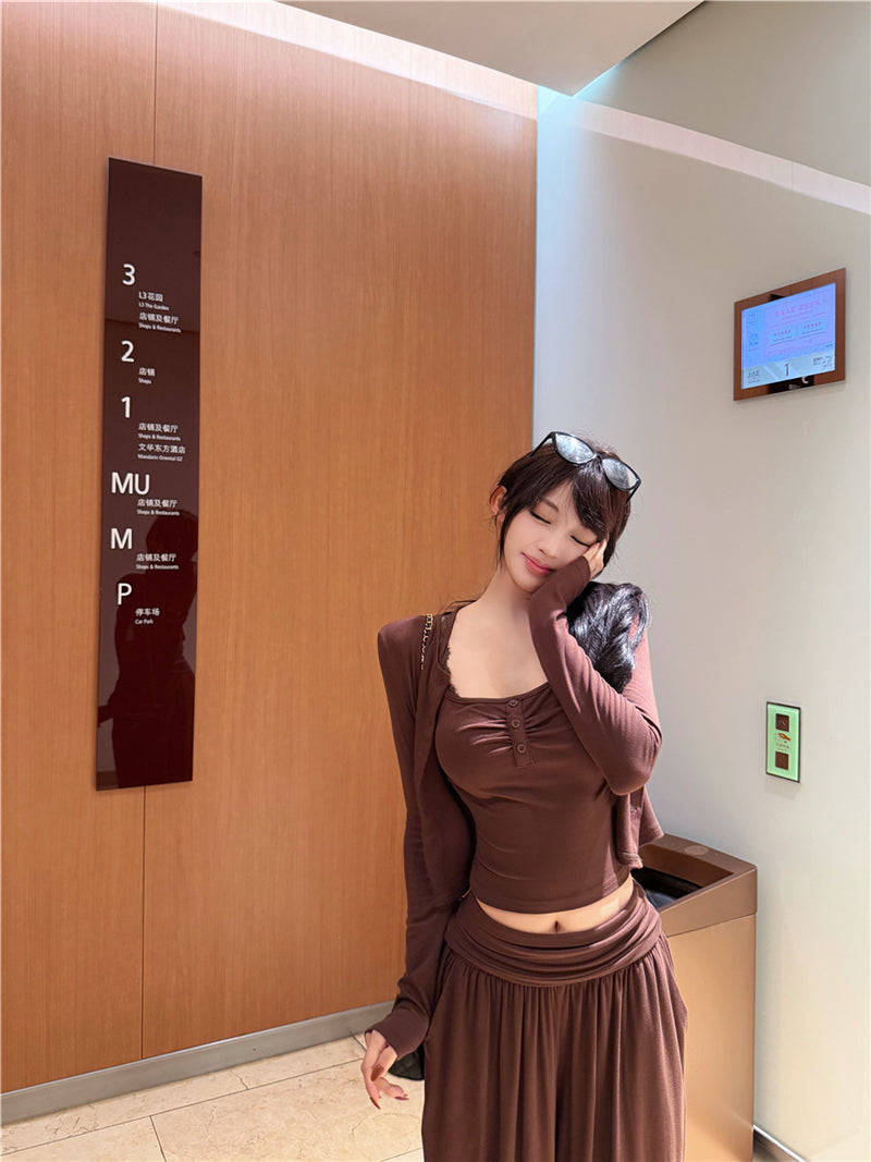 氣質性感蕾絲吊帶背心外套褲子三件套