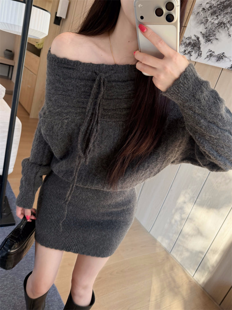 蝴蝶結綁帶斜肩百搭連衣裙
