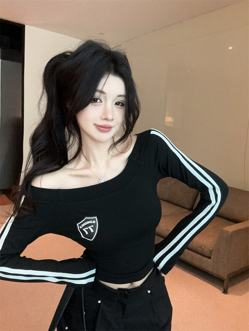 美式辣妹一字肩印花修身顯瘦上衣