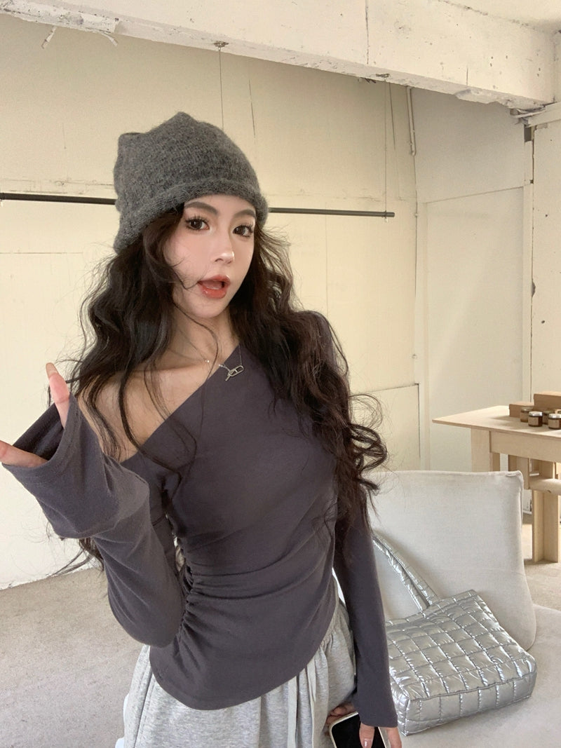 純欲性感辣妹風不規則露肩上衣