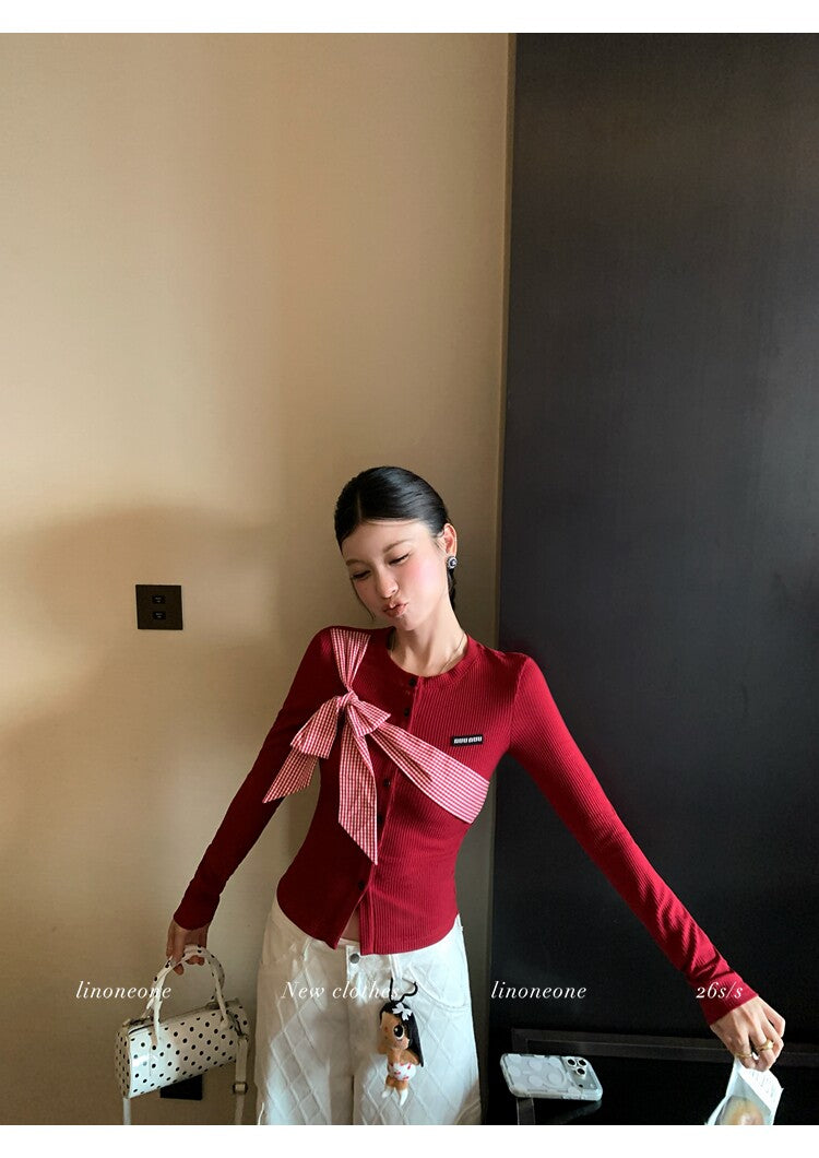 雙色格紋蝴蝶結設計感撞色針織上衣