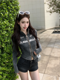 美式水洗立領拉鏈印花字母外套