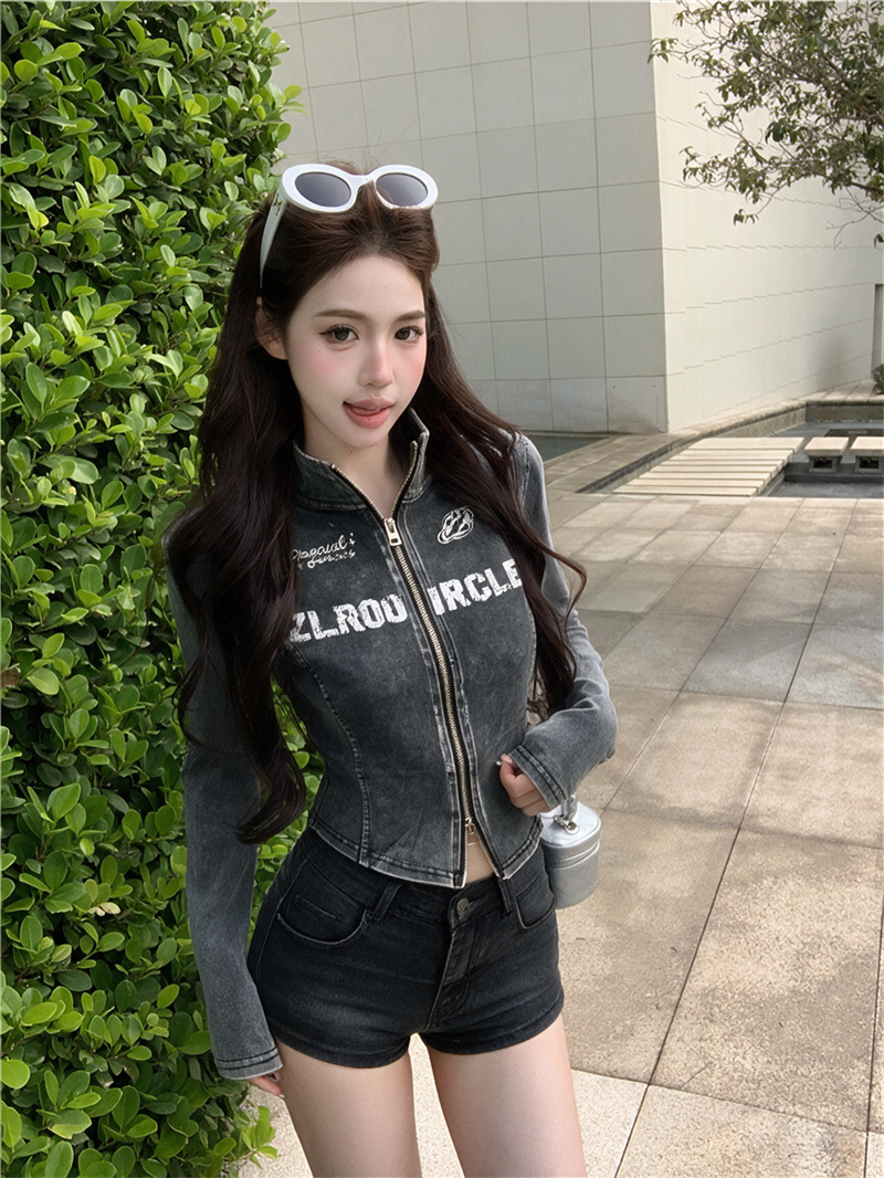 美式水洗立領拉鏈印花字母外套