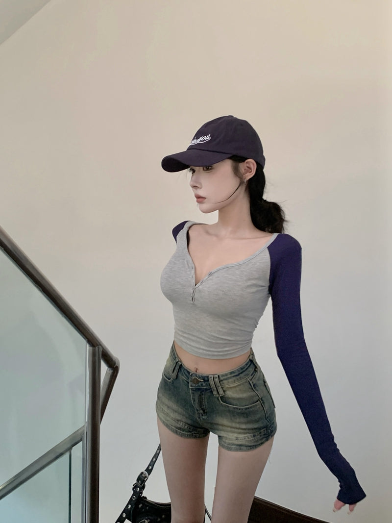 歐美V領撞色純欲排扣修身上衣