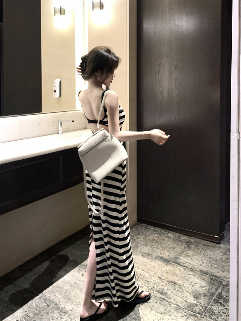辣妹修身開叉露背條紋長裙