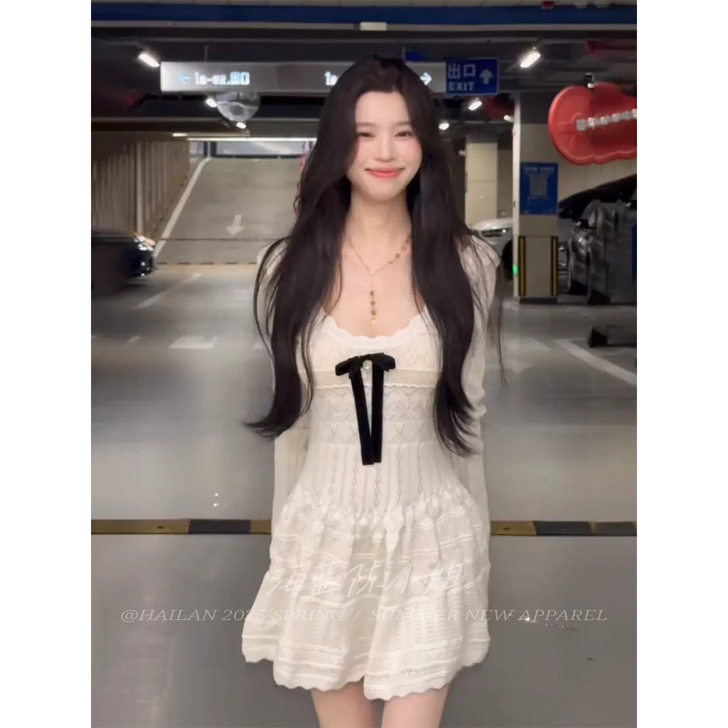 溫柔千金少女蝴蝶結鉤花針織連衣裙