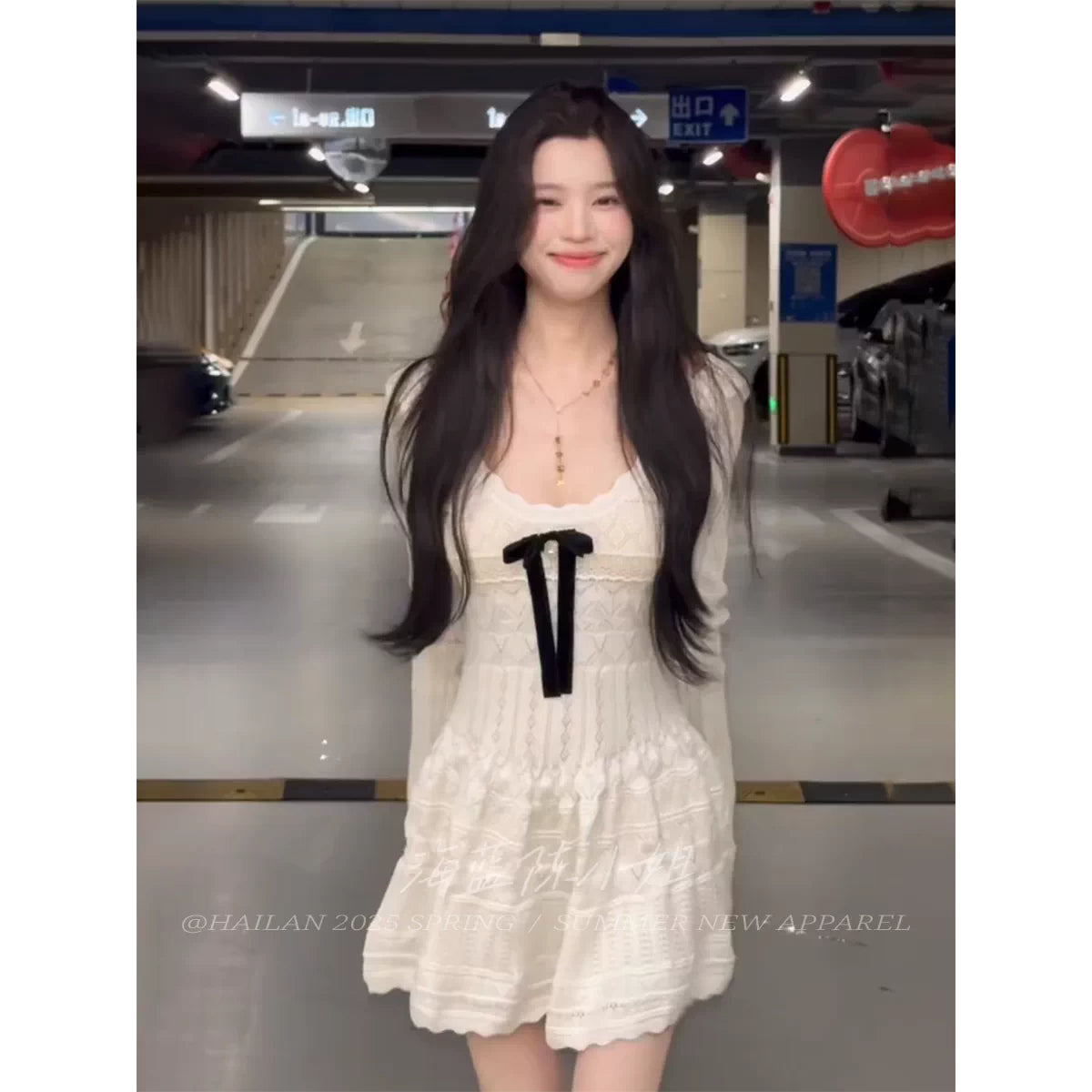溫柔千金少女蝴蝶結鉤花針織連衣裙