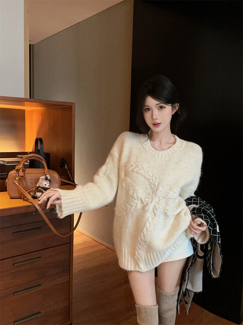 慵懶高級感蝴蝶結圓領寬鬆針織衫