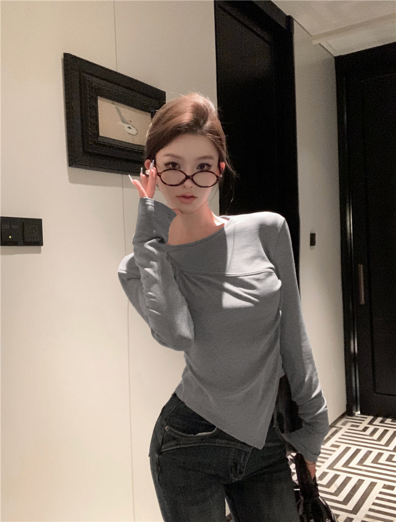 簡約時尚純欲顯瘦假兩件拼接長袖上衣
