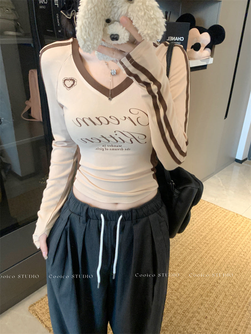 撞色拼接設計感V領上衣