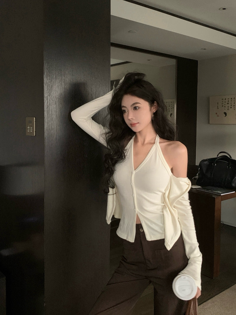 性感辣妹風吊帶掛脖假兩件上衣