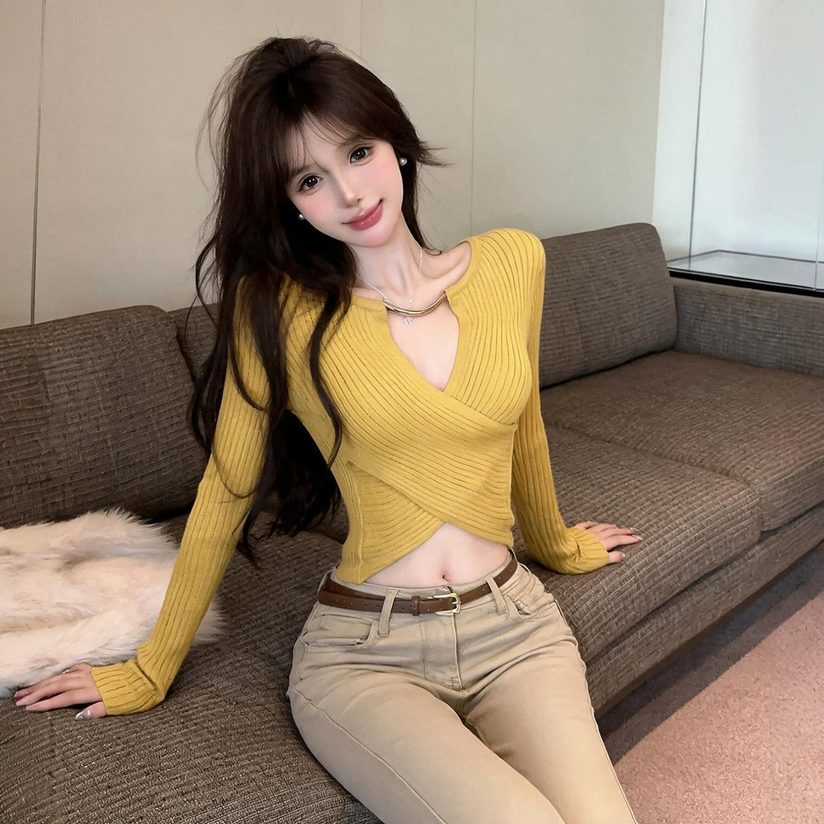 秋季純欲性感鏤空交叉短款露腰上衣