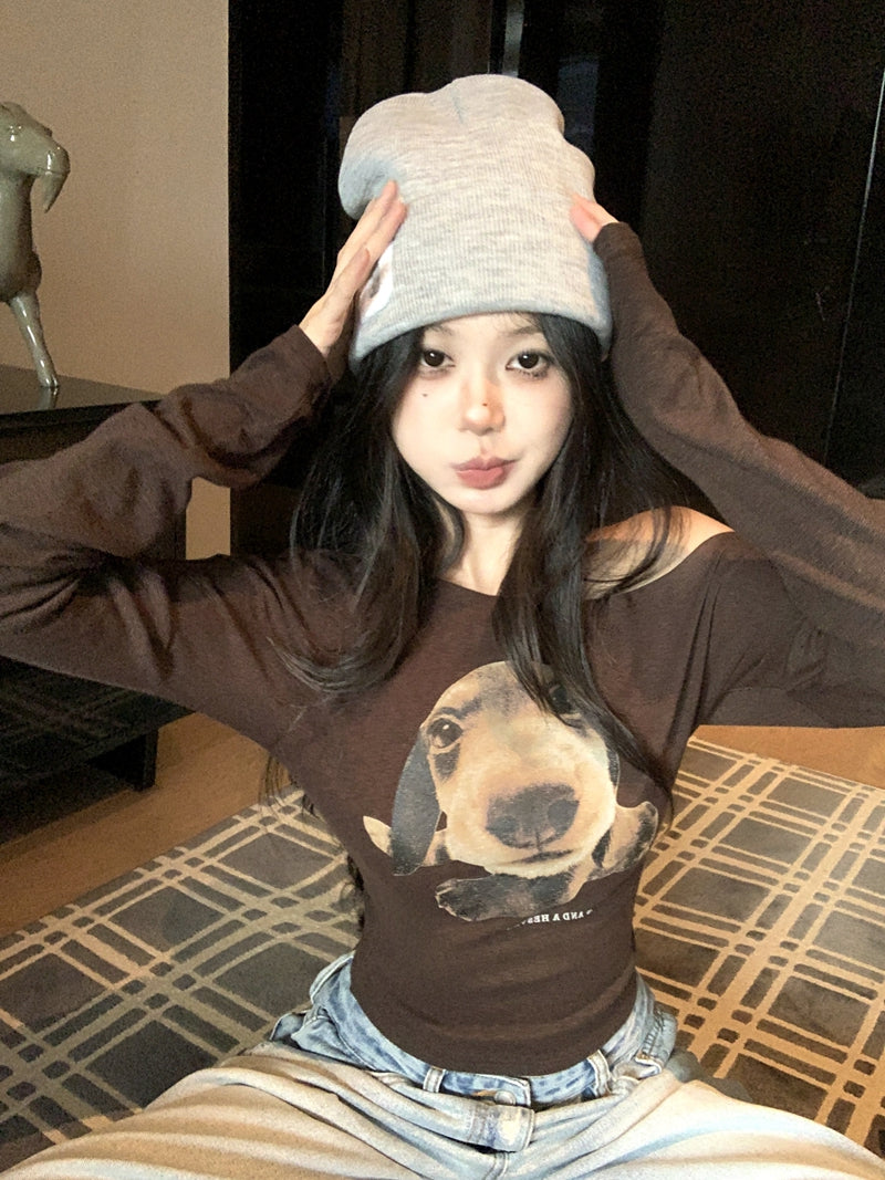 休閒可愛一字肩小狗上衣