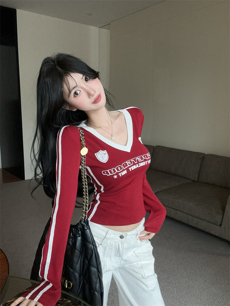 辣妹純欲薄款修身V領上衣