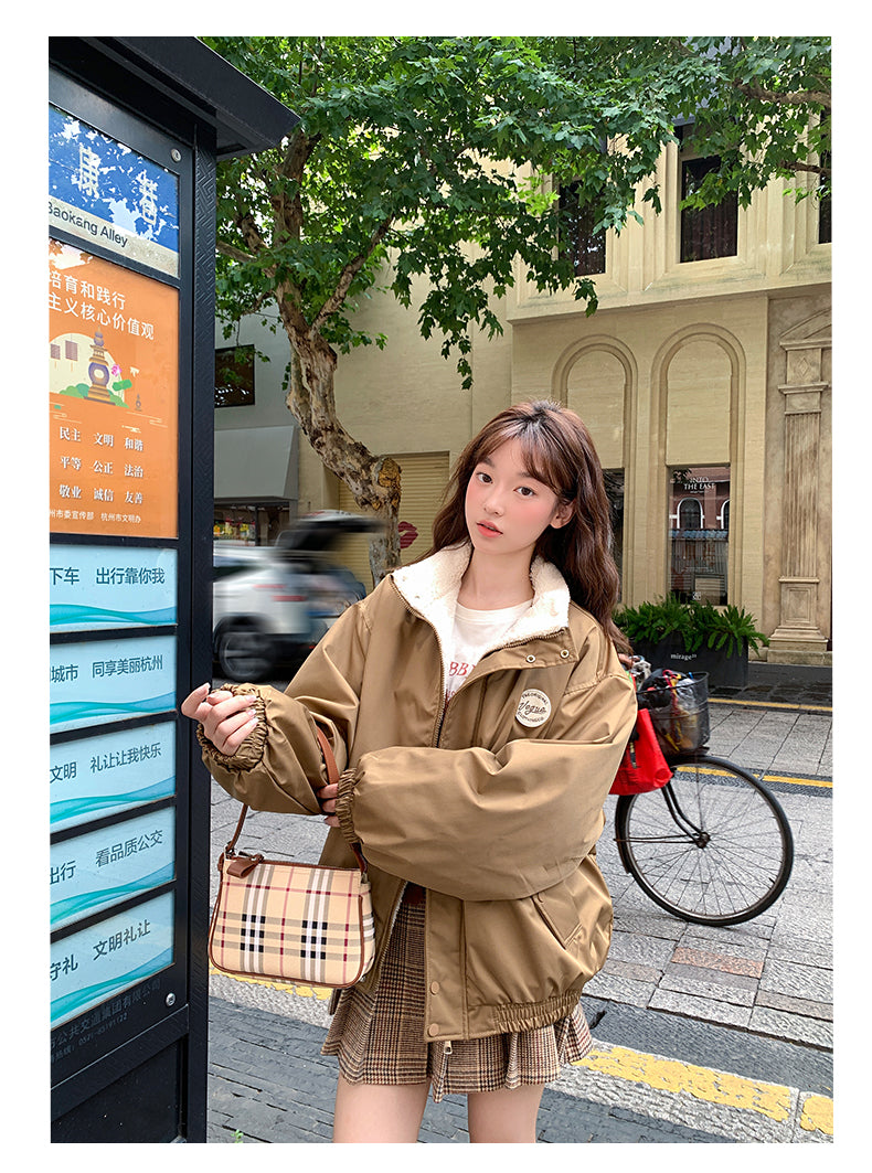 美式復古質感羊羔毛加絨外套