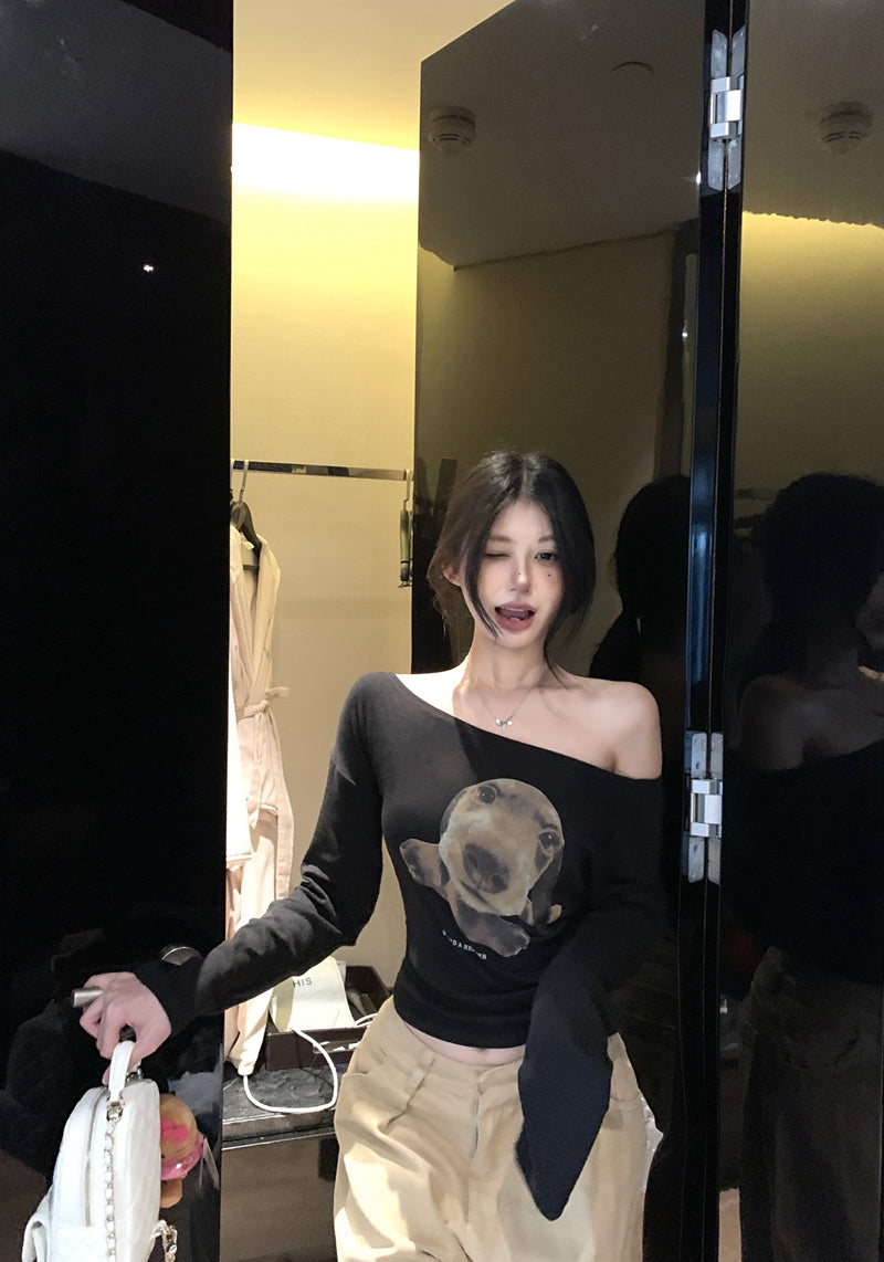休閒可愛一字肩小狗上衣