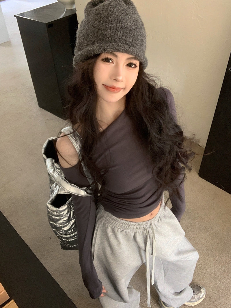 純欲性感辣妹風不規則露肩上衣