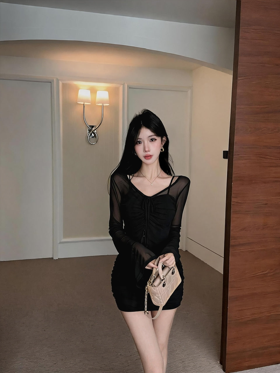 純欲辣妹性感蕾絲拼接開衫+修身吊帶連衣裙