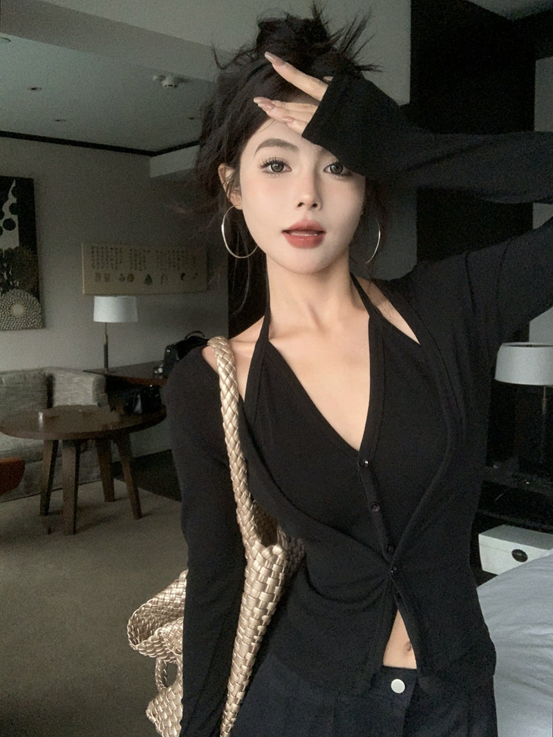 性感辣妹風吊帶掛脖假兩件內搭上衣