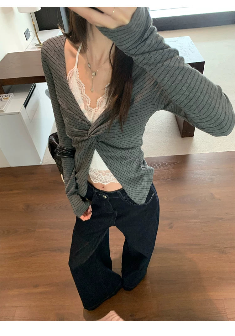 休閒假兩件掛脖蕾絲內搭上衣