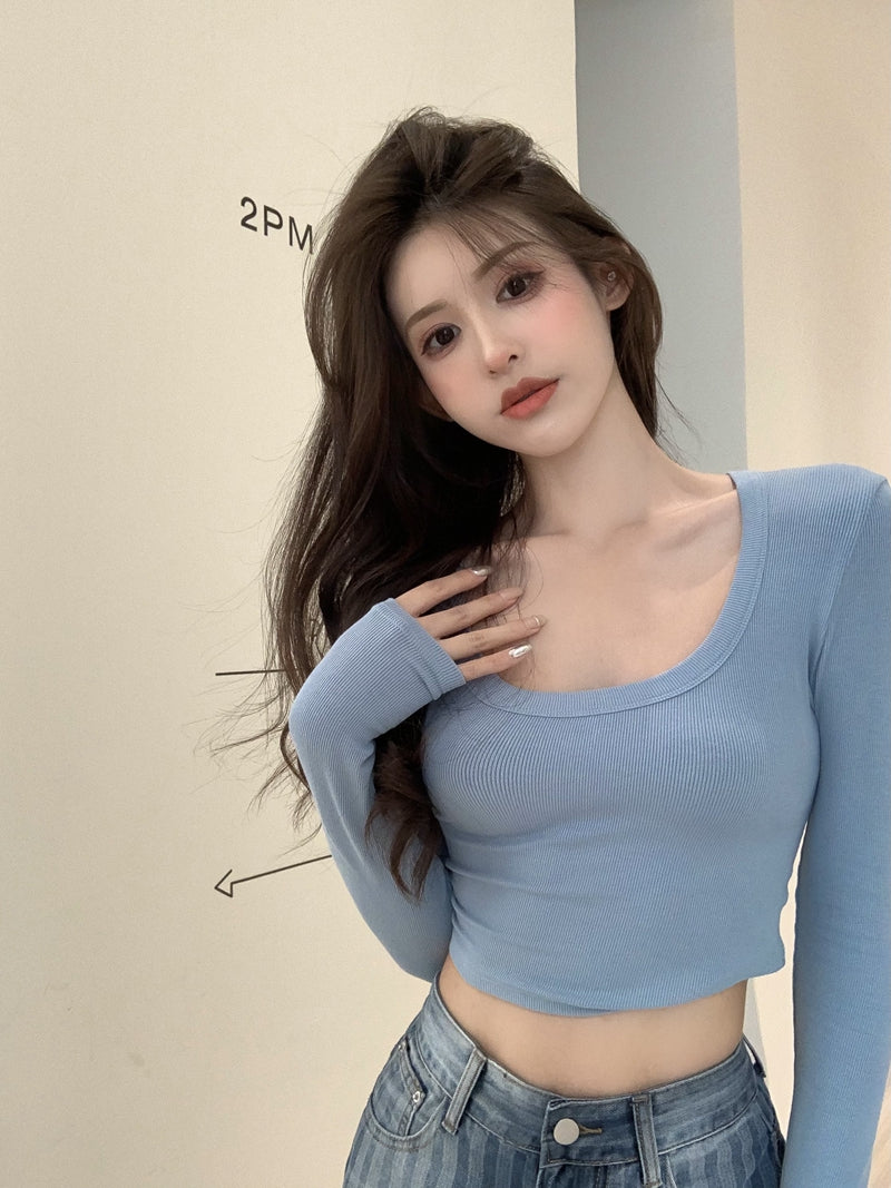 性感U領修身彈力上衣