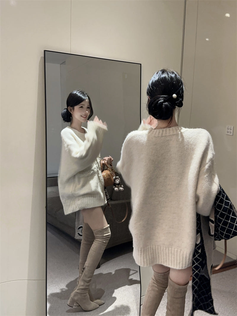 慵懶高級感蝴蝶結圓領寬鬆針織衫