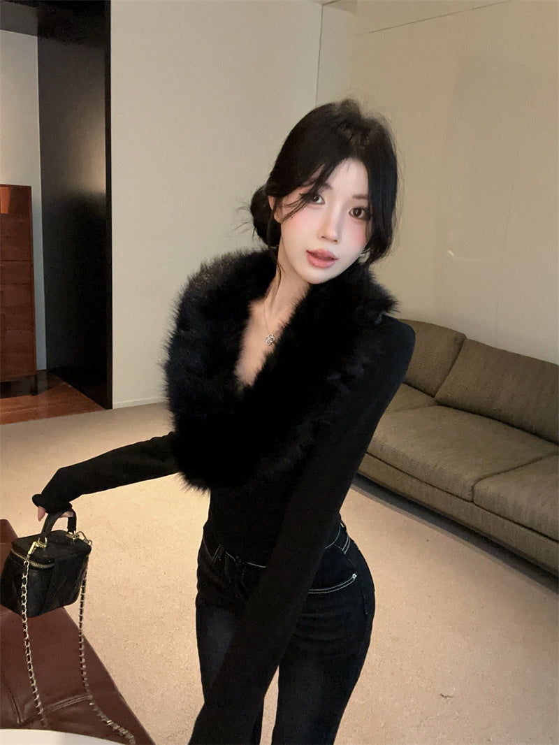 純欲辣妹毛領拼接V領內搭打底衫