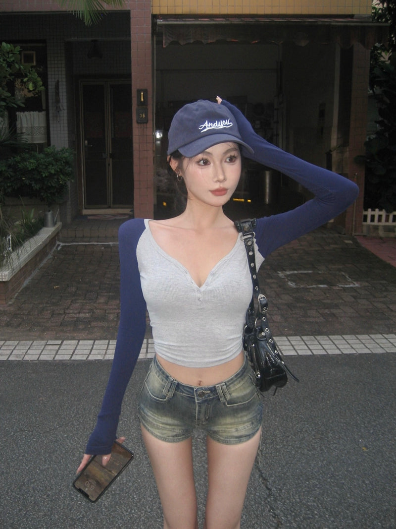歐美V領撞色純欲排扣修身上衣