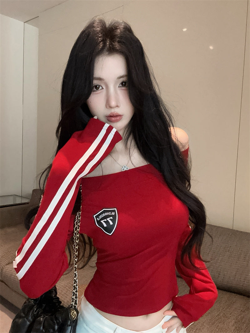 美式辣妹一字肩印花修身顯瘦上衣