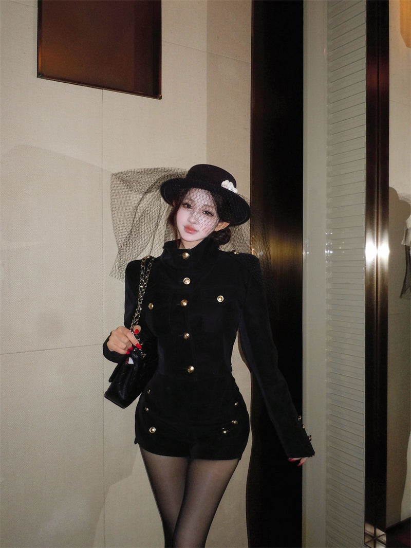 英倫復古黑色立領金屬扣外套高腰褲套裝
