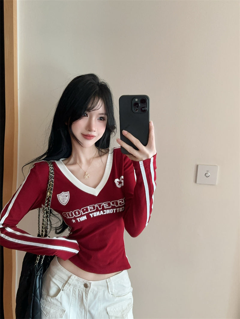 辣妹純欲薄款修身V領上衣