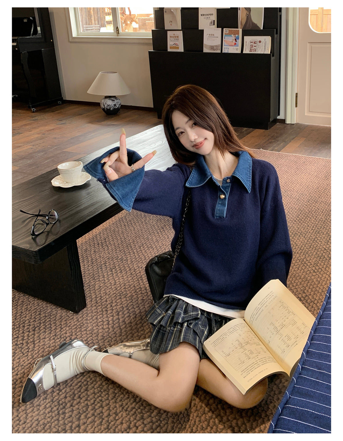 美式復古拼接假兩件毛衣