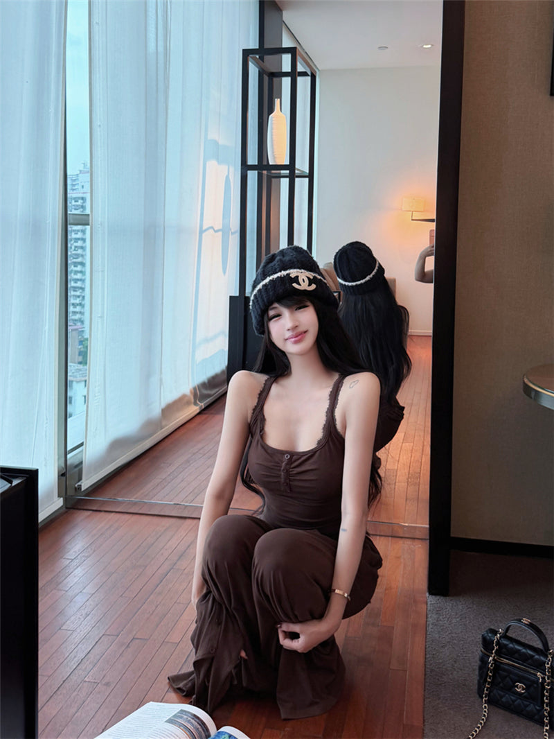 氣質性感蕾絲吊帶背心外套褲子三件套