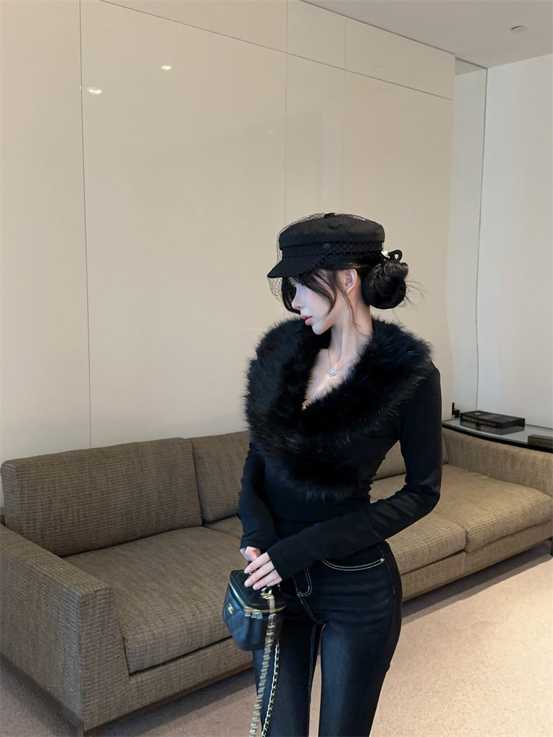 純欲辣妹毛領拼接V領內搭打底衫
