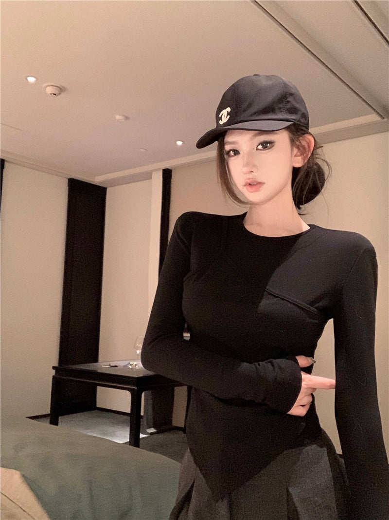 簡約時尚純欲顯瘦假兩件拼接長袖上衣