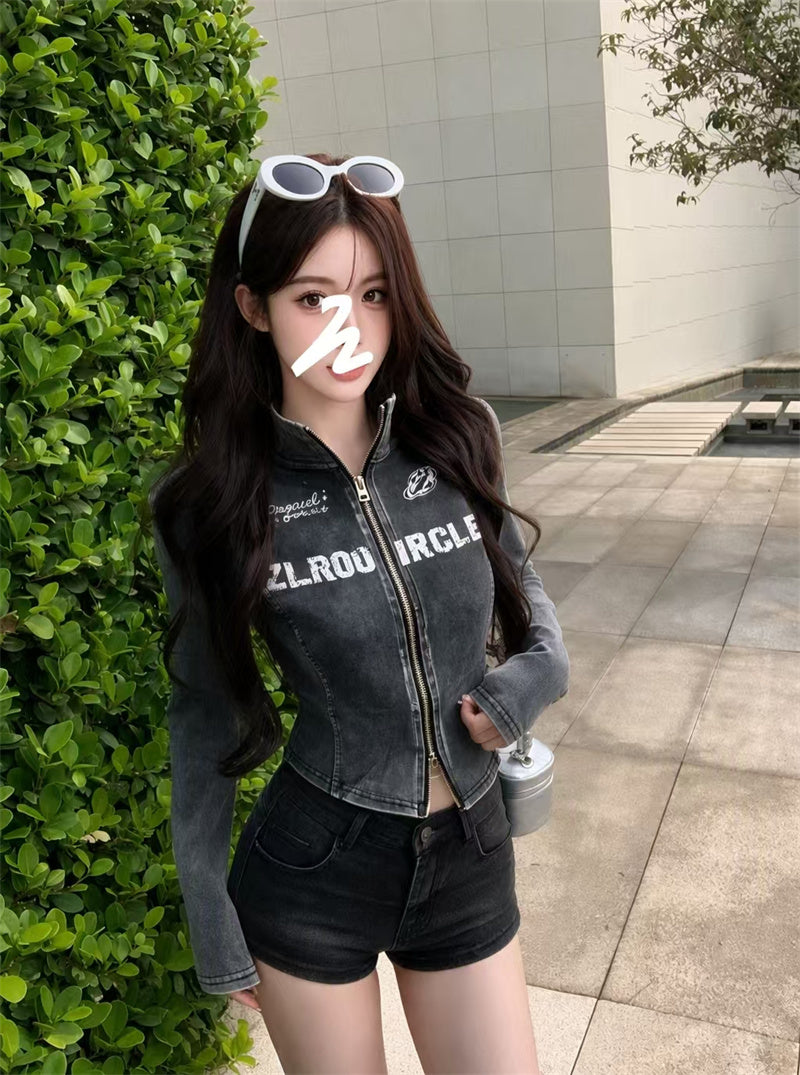 美式水洗立領拉鏈印花字母外套
