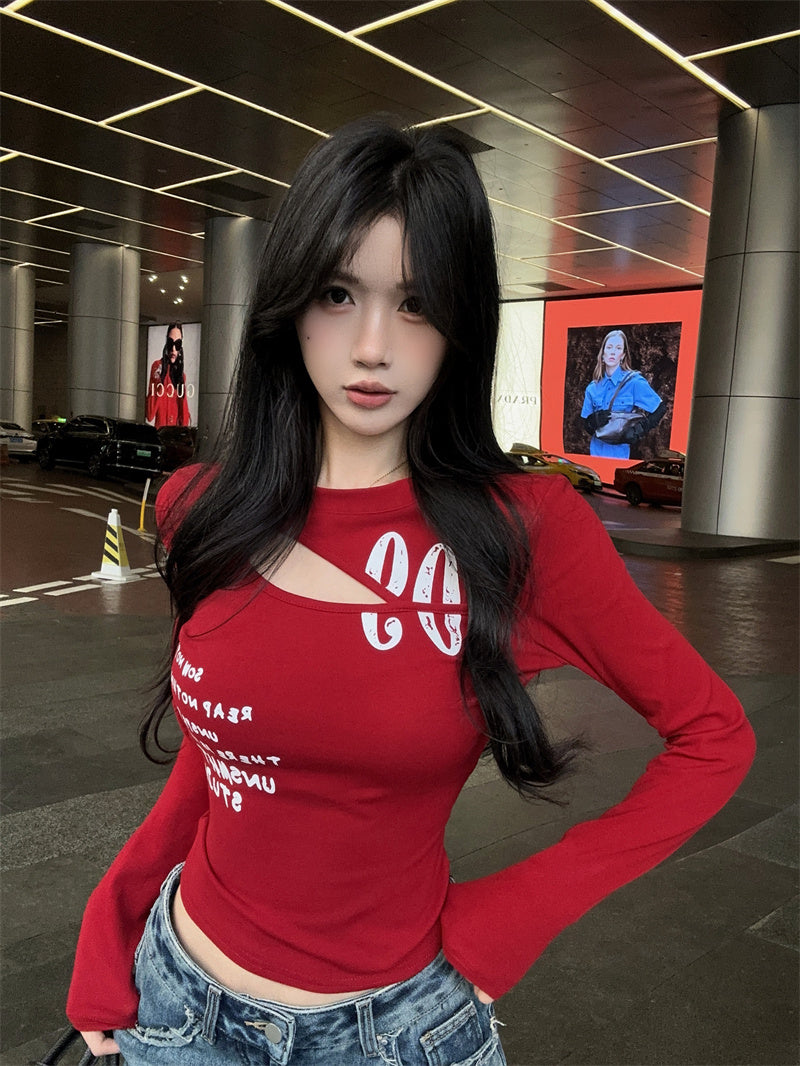 美式辣妹鏤空露鎖骨氣質上衣