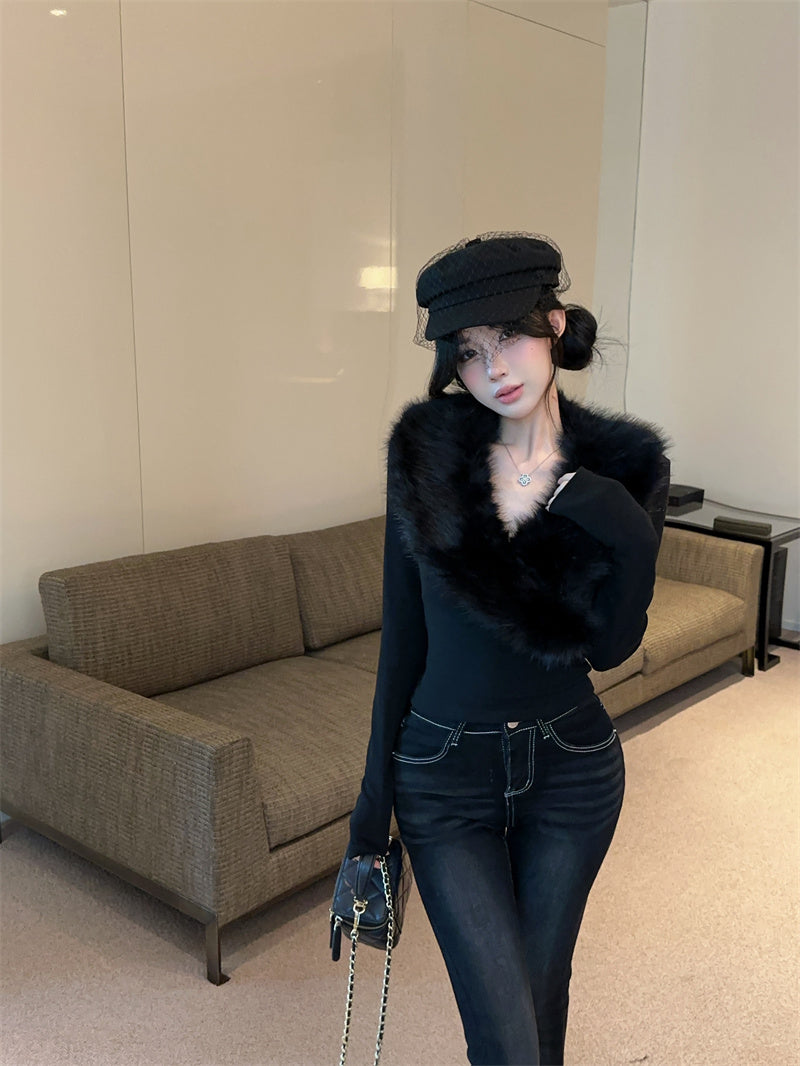 純欲辣妹毛領拼接V領內搭打底衫